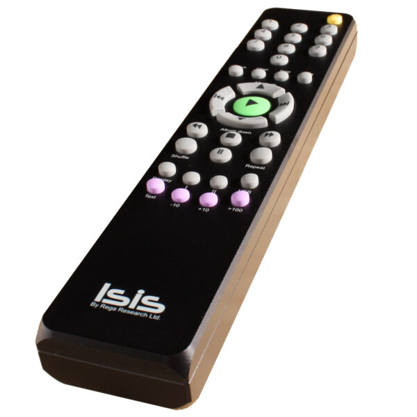 Masivni metalni daljinski upravljač za Rega Isis CD player s namjenskim tipkama za upravljanje reprodukcijom.