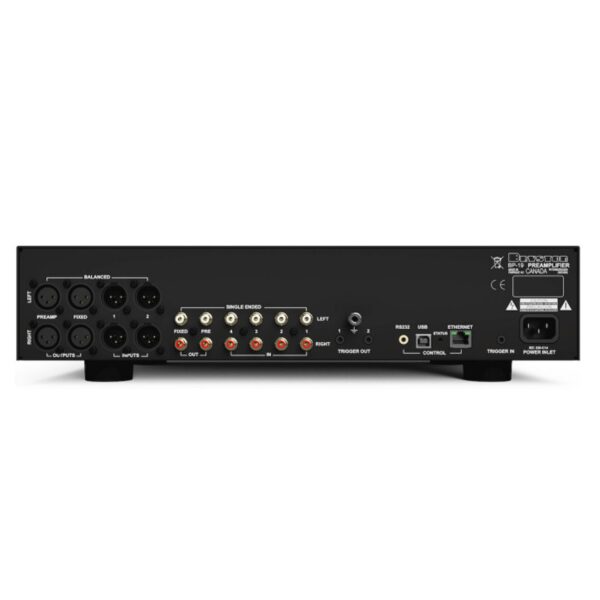 Bryston BP-19 Preamplifier konekcije s balansiranim XLR ulazima i izlazima, RCA priključcima te Ethernet i RS232 portovima za integraciju.