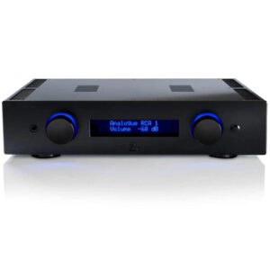 Prednja ploča Leema Acoustics i85 pojačala s plavim zaslonom i regulatorima - Audio Dream